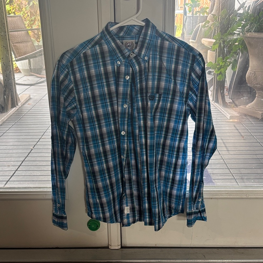 Cinch Youth Large Blue and White Plaid Button Down Shirt